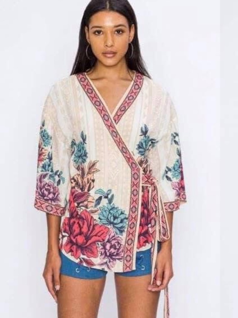 Jealous Tomato Ivory Wrap Tunic with Pink & Teal Floral Accents